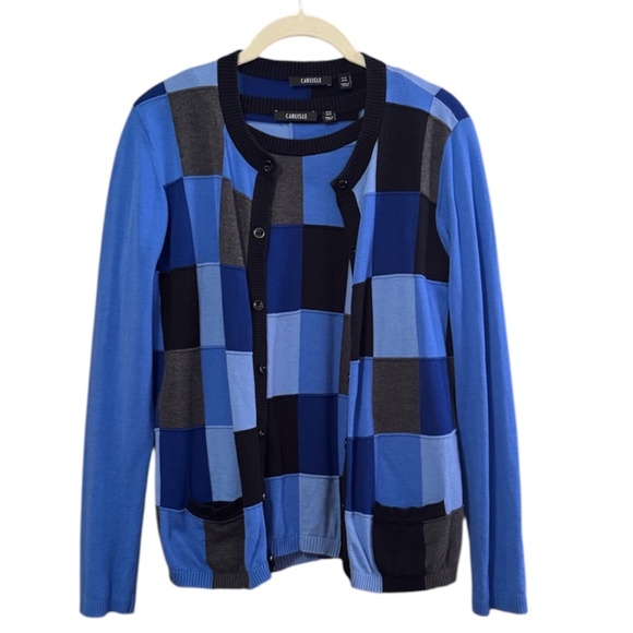 Carlisle Women’s Medium 2-Piece Cardigan Set Blue Gray Black Blocked Cotton - Picture 2 of 7